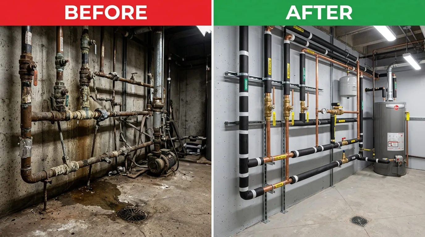 Commercial Pipe Repiping Replacement Before and After - Eiber Lake Plumbing Lakewood CO