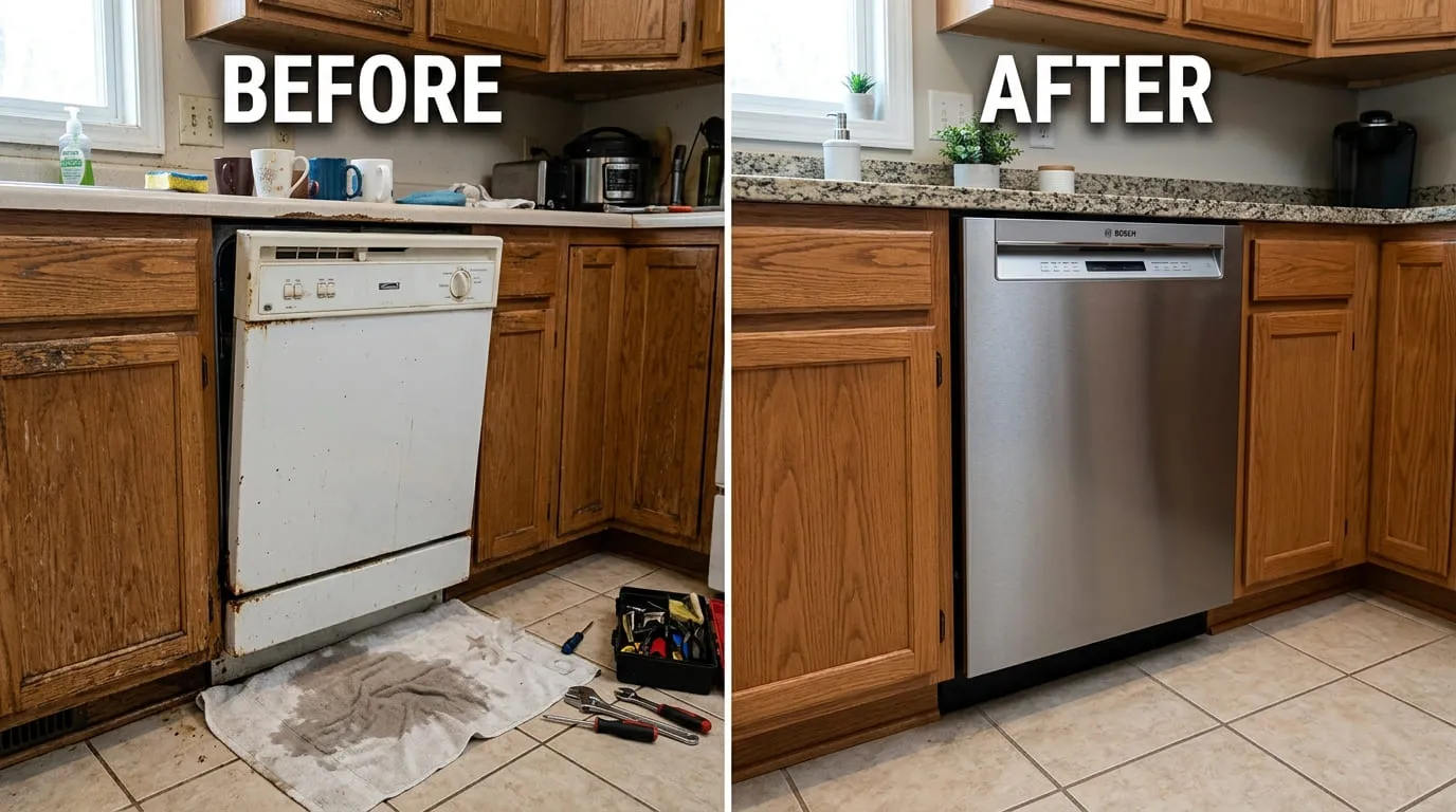 Dishwasher Repair & Replacement Before and After - Eiber Lake Plumbing Lakewood CO