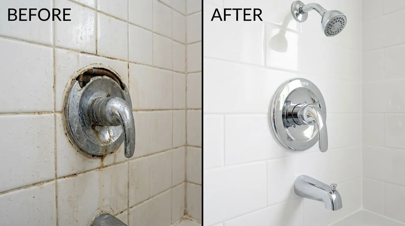 Shower Valve Repair and Replacement Before and After - Eiber Lake Plumbers Lakewood CO