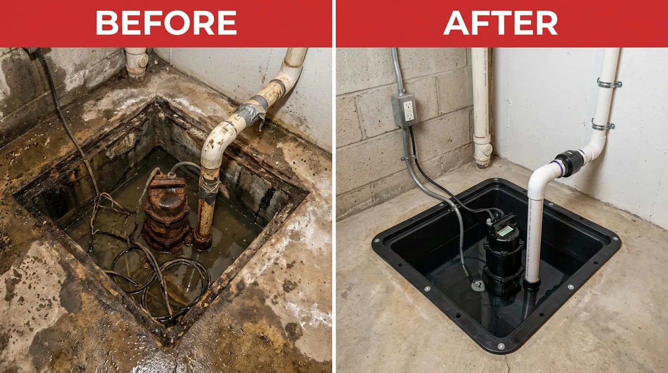 Sump Pump Repair and Replacement Before and After - Eiber Lake Plumbers Lakewood CO