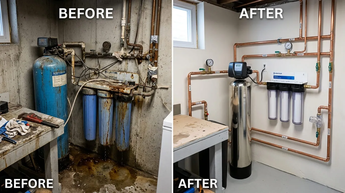 Water Filtration System Replacement Before and After - Eiber Lake Plumbers Lakewood CO